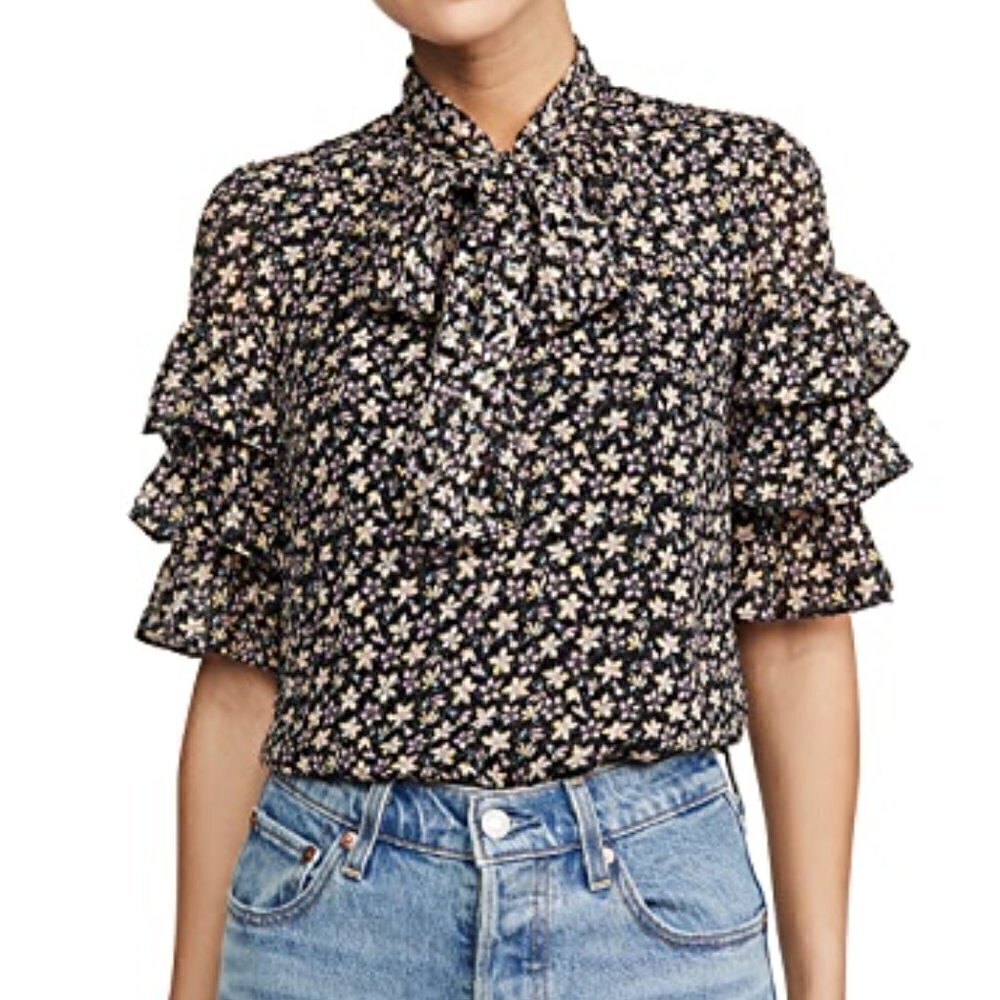 Rebecca Taylor Louisa Tiered Ruffle Short Sleeve Bow Tie Floral Blouse
